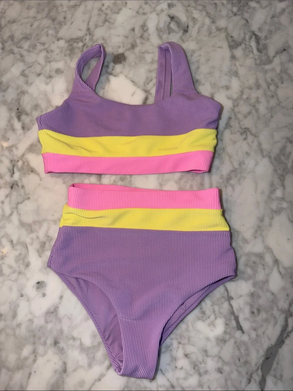 Beach Riot Lavender Bikini with Neon Yellow & Hot Pink Bands 3/4Y